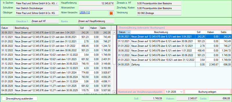 Screenshot Arbeitsbereich Zinsverjährung mit verjährten Zinsen auf Hauptforderung