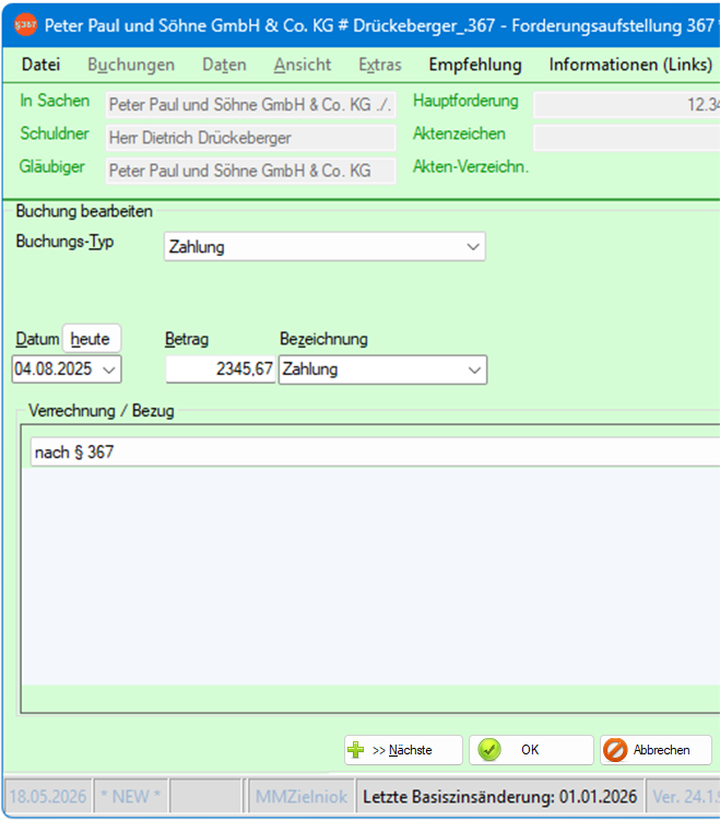 Screenshot der Erfassung einer Zahlung