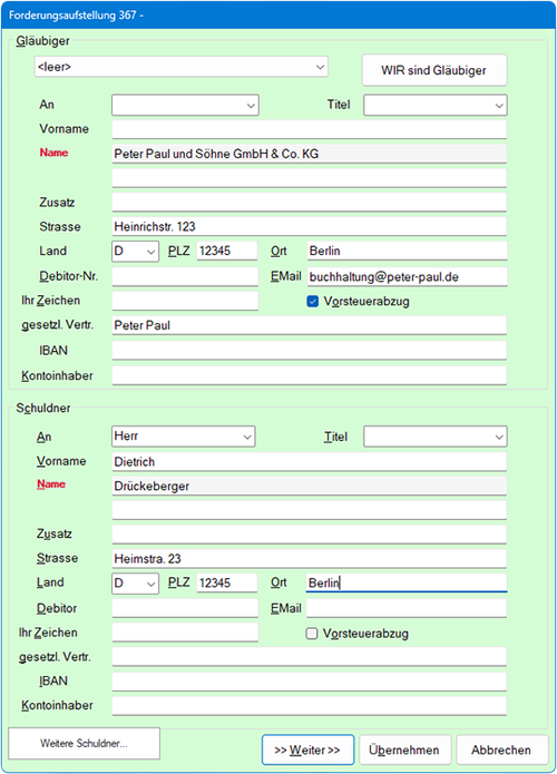 Screenshot des Dialogs Gläubiger und Schuldnerdaten