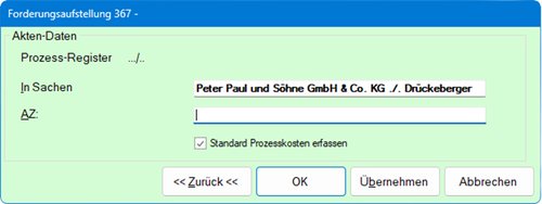 Screenshot Aktenzeichen neues Forderungskonto