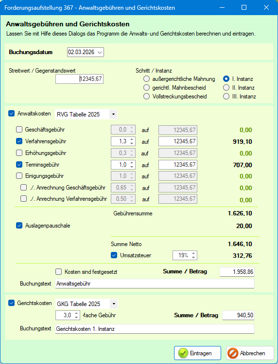 Screenshot des Dialogs Anwaltsgebühren und Gerichtskosten