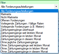 Screenshot Forderungsmanager Filter-Dropdown
