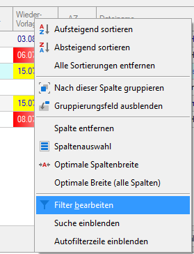 Screenshot benutzerdefinierte Filter im Kontextmenu Forderungsmanager