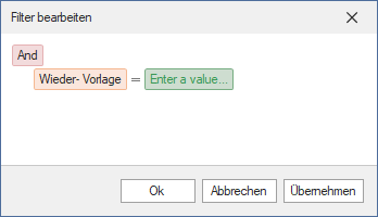 Screenshot benutzerdefinierter Filter für Wiedervorlage im Forderungsmanager