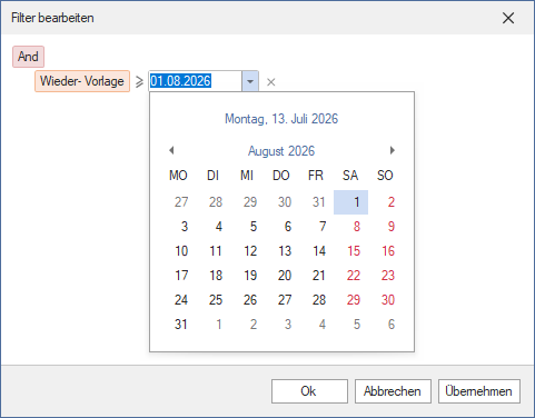Screenshot Forderungsmanager mit Filter Wiedervorlage ab 1. August
