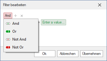 Screenshot Forderungsmanager Filter logische Operatoren