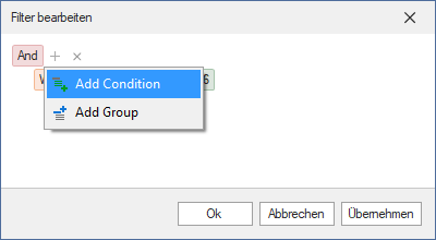Screenshot Dialog Filter bearbeiten mit neuer Bedingung im Forderungsmanager