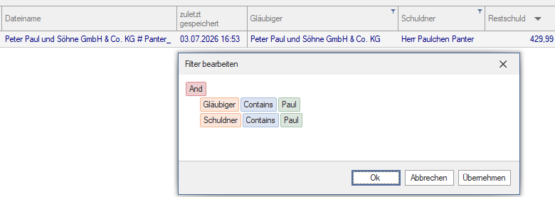 Screenshot Dialog Filter bearbeiten mit Beispiel im Forderungsmanager