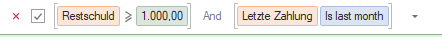 Screenshot Anzeige aktiver Filter Forderungsmanager