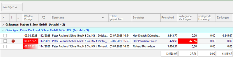 Screenshot Forderungsmanager mit Gruppierung nach Gläubiger