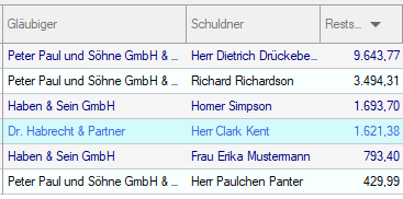 Screenshot Forderungsmanager Sortierung nach Restschuld-Spalte