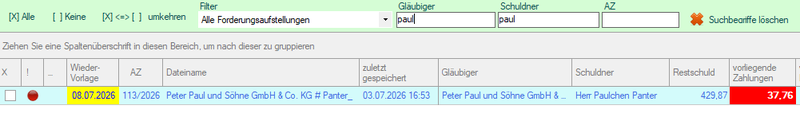 Screenshot Forderungsmanager Volltextsuche