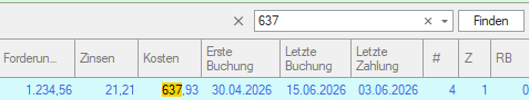 Screenshot mit Beispiel für Volltextsuche im Forderungsmanager