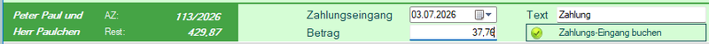 Screenshot vom Dialog Zahlungseingang verbuchen mit Betrag in der Forderungsmanger-Übersicht