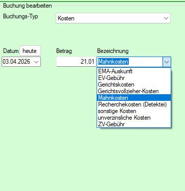Buchungstyp Kosten 040 Auswahlliste
