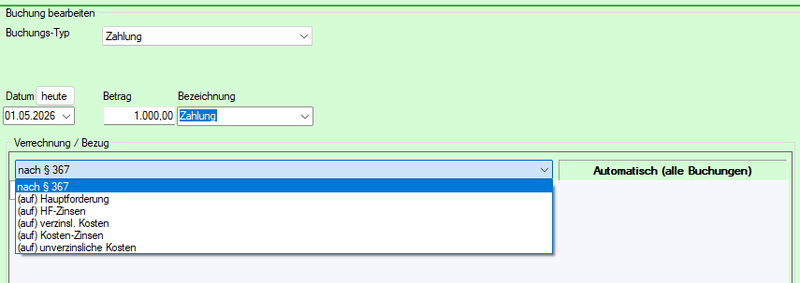 Screenshot Buchungstyp Zahlung mit Verrechnungsauswahl