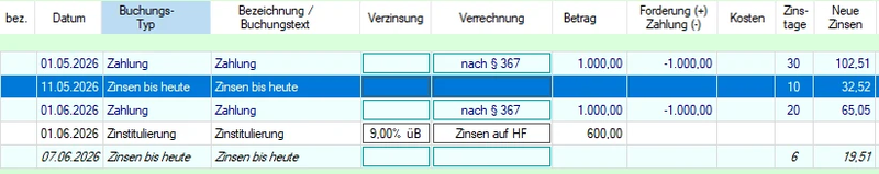Screenshot mit Buchung Zinsen bis heute im Journal