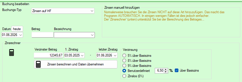 Screenshot Buchungstyp Zinsen auf Hauptforderung mit Zinsrechner