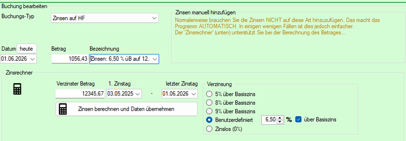 Screenshot Buchungstyp Zinsen auf Hauptforderung mit Daten aus dem Zinsrechner