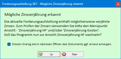 Screenshot Dialog mit Hinweis auf mögliche verjährte Zinsen